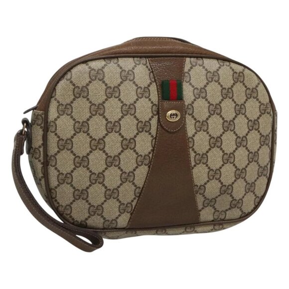 GUCCI GG Supreme Web Sherry Line Clutch Bag PVC Beige Gold - Picture 1 of 16